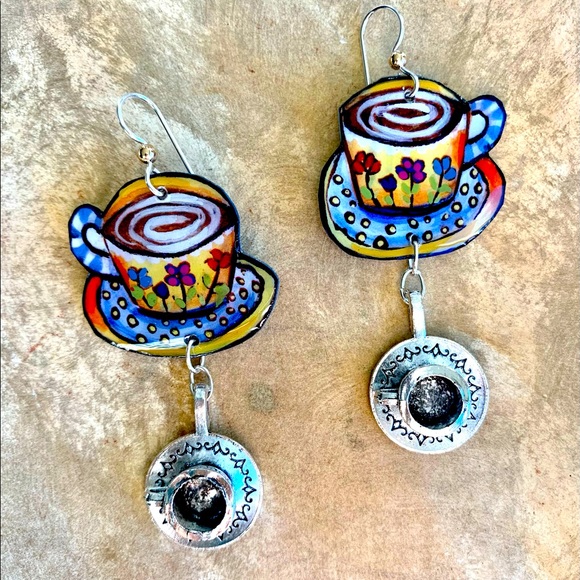 COFFEE/TEA cup earrings handpainted. - Picture 2 of 2
